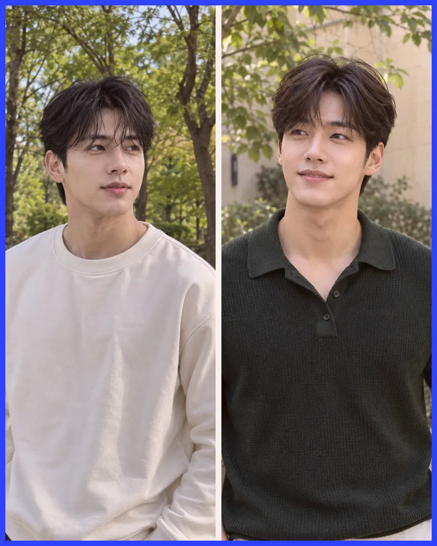 숲속의 흰 맨투맨 차림과 나무 아래 초록 니트 폴로 차림을 나란히 놓은 사진