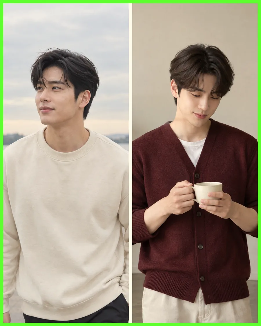 강변길의 아이보리 맨투맨 차림과 컵을 두 손으로 감싼 버건디 카디건 차림을 나란히 담은 사진