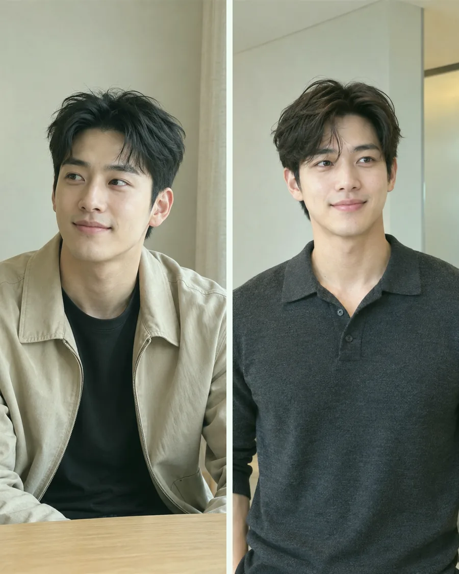 나무 탁자 앞 베이지 재킷 차림과 밝은 방의 차콜 니트 폴로 차림을 나란히 놓은 사진