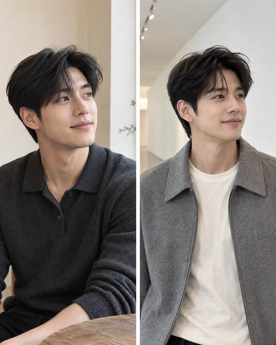창가 나무 탁자의 차콜 니트 폴로 차림과 흰 복도의 회색 재킷 차림을 나란히 담은 사진