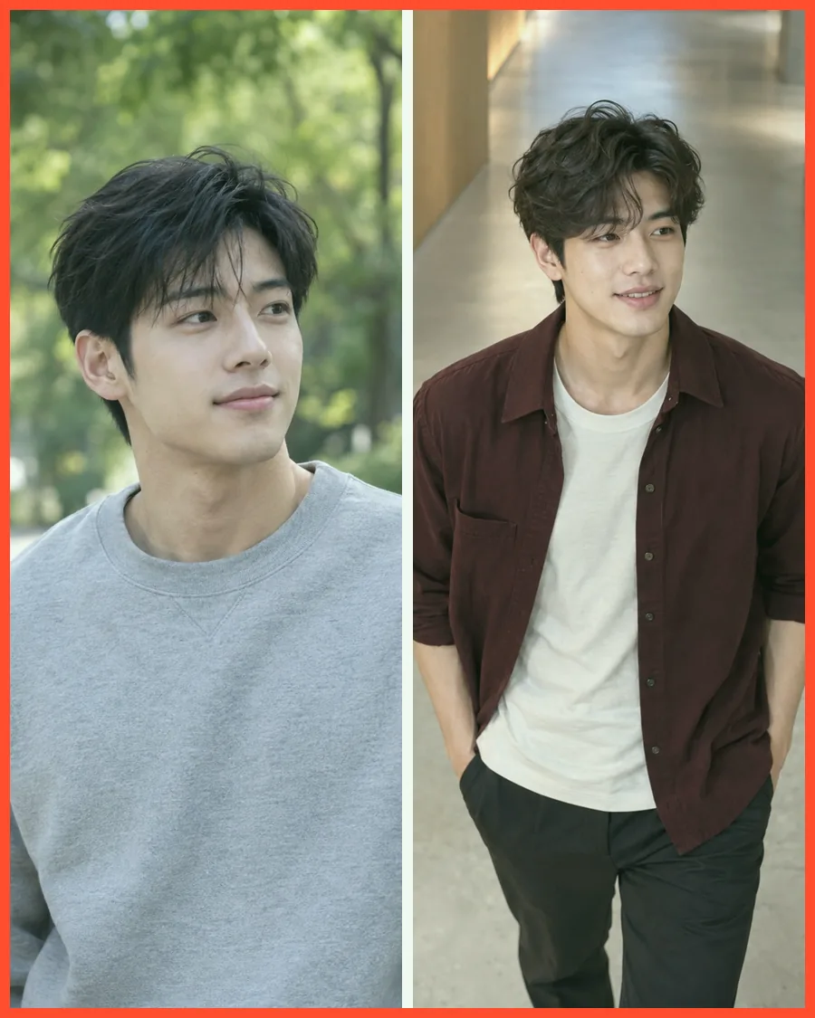 나무 우거진 길의 회색 맨투맨 차림과 나무 복도의 버건디 셔츠 차림을 나란히 놓은 사진