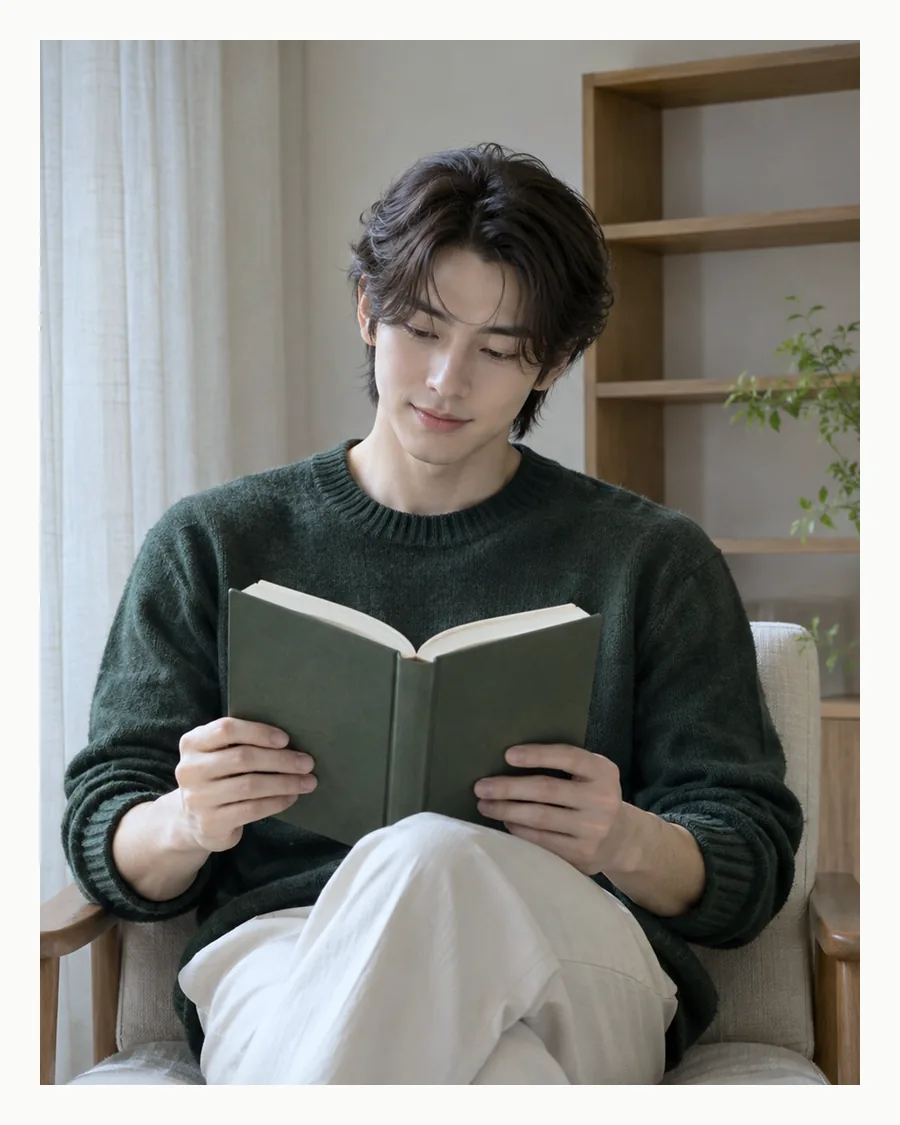 흰 테두리 속 나무 책장 옆 의자에서 초록 니트 차림으로 책장을 넘기는 모습