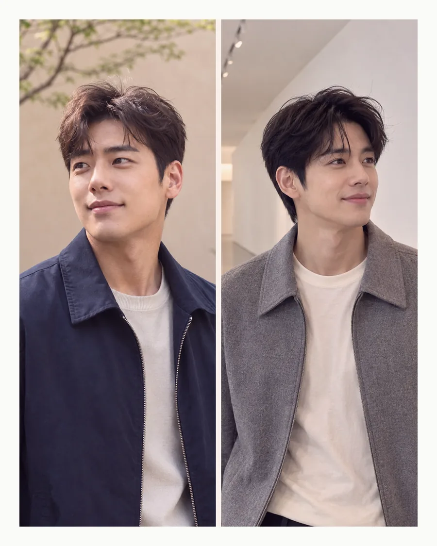 흰 테두리 안 나무 안뜰의 남색 점퍼 차림과 흰 복도의 회색 재킷 차림을 나란히 놓은 사진