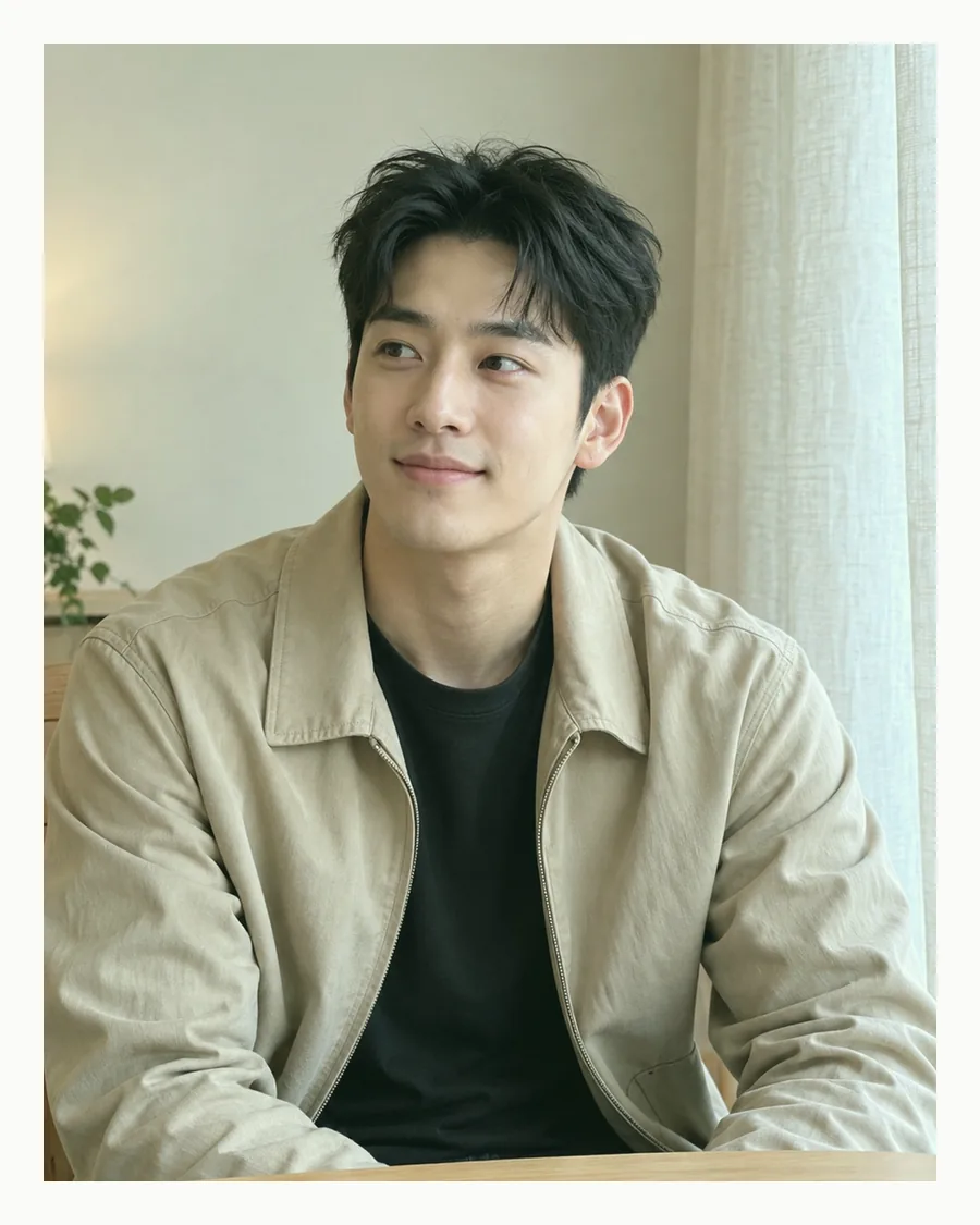 흰 테두리 속 나무 탁자 뒤에 앉아 검은 티셔츠 위로 베이지 재킷을 걸친 모습