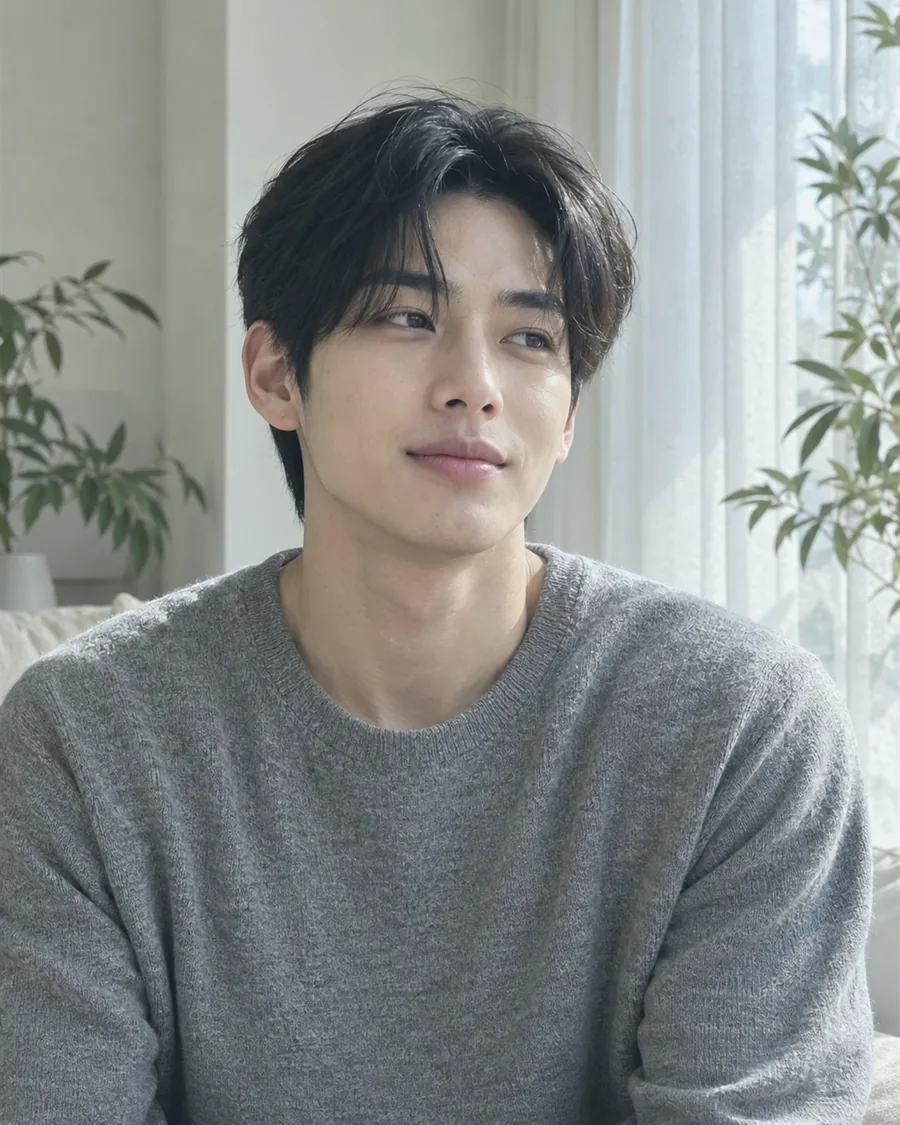 흰 커튼과 화분 사이에서 회색 니트를 입고 옆을 보는 모습