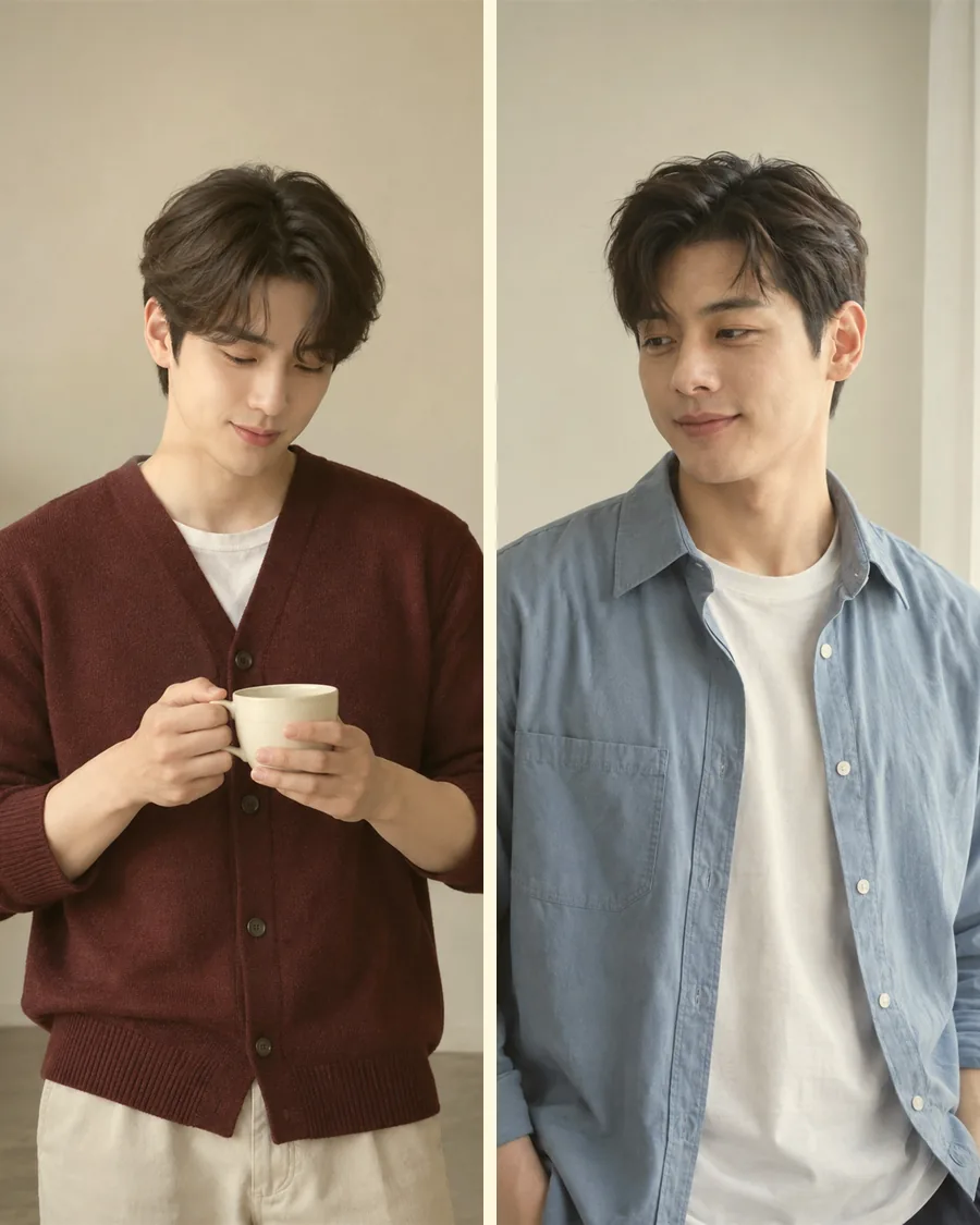 찻잔을 든 버건디 카디건 차림과 흰 커튼 옆 하늘색 셔츠 차림이 나란히 있는 사진