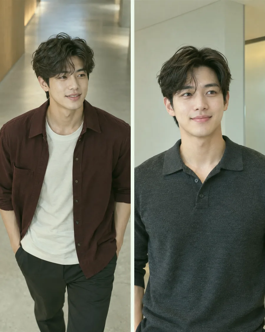 나무 복도를 걷는 버건디 셔츠 차림과 밝은 실내의 차콜 니트 폴로 차림이 나란히 있는 사진