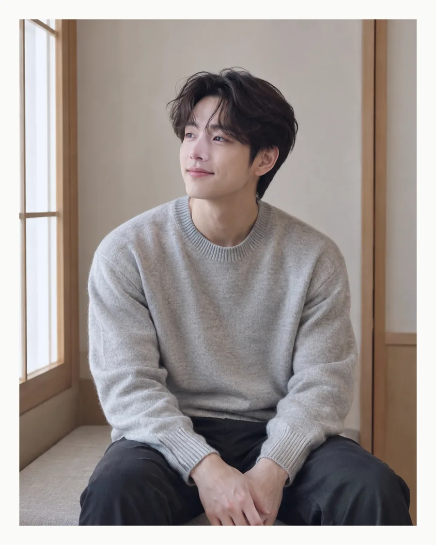 흰 테두리 안 창가 나무 의자에 앉아 회색 니트 차림으로 옆을 보는 모습