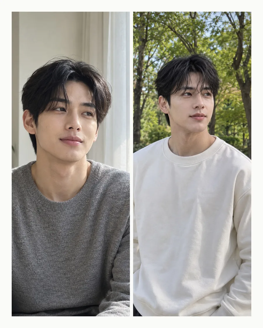 흰 테두리 안 흰 커튼 앞 회색 니트 차림과 숲속 흰 맨투맨 차림을 나란히 담은 사진