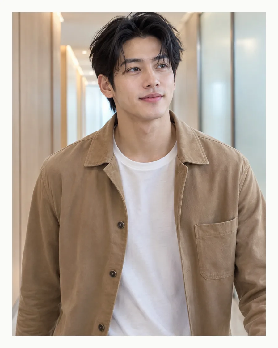 흰 테두리 안 밝은 복도에서 카멜색 셔츠 재킷에 흰 티셔츠를 입은 모습