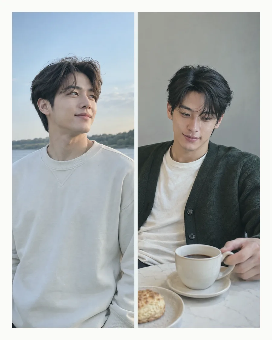 흰 테두리 속 노을 진 강가의 아이보리 맨투맨 차림과 대리석 탁자의 초록 카디건 차림을 나란히 담은 사진