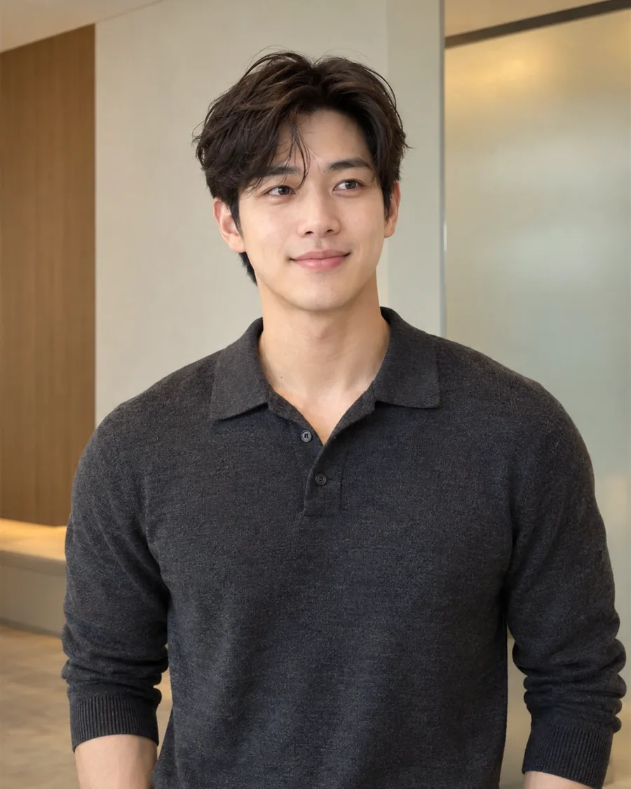 나무 벽이 보이는 밝은 방에서 차콜 니트 폴로를 입고 미소 짓는 모습