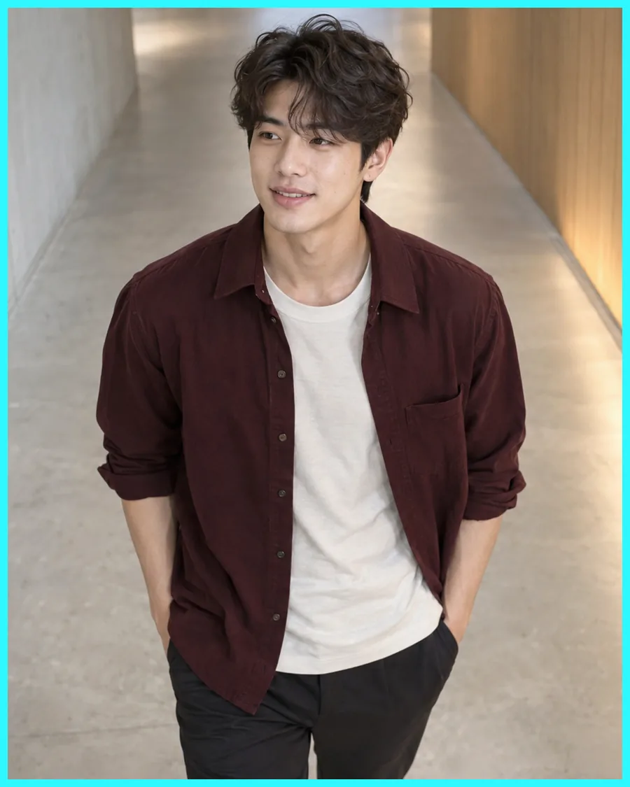 나무 벽 복도를 따라 버건디 셔츠 자락을 날리며 걷는 모습