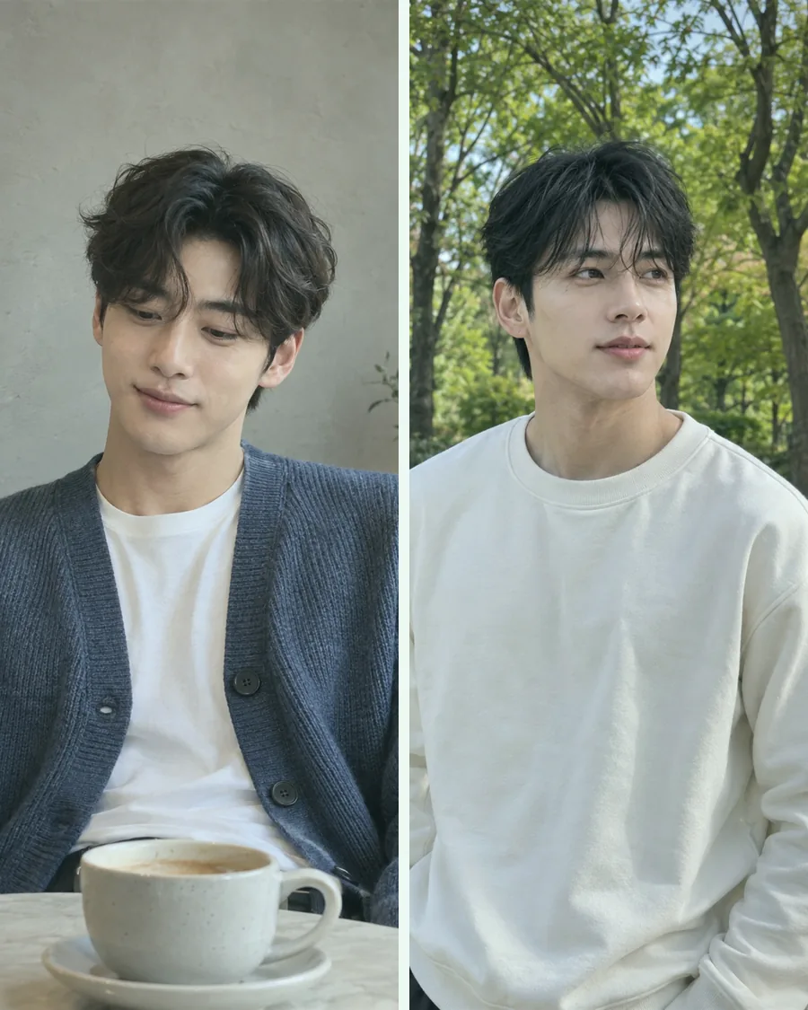 커피잔을 앞에 둔 파란 카디건 차림과 숲속의 흰 맨투맨 차림을 나란히 담은 사진