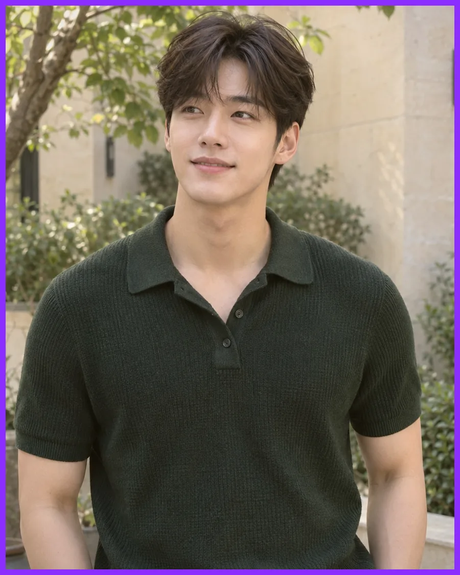 돌담 옆 나무 아래서 짙은 초록 니트 폴로를 입고 선 모습