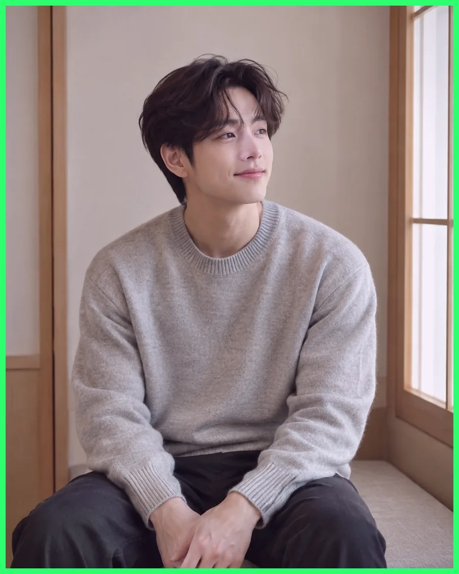 창가 긴 의자에 앉아 회색 니트 차림으로 창밖을 보는 모습