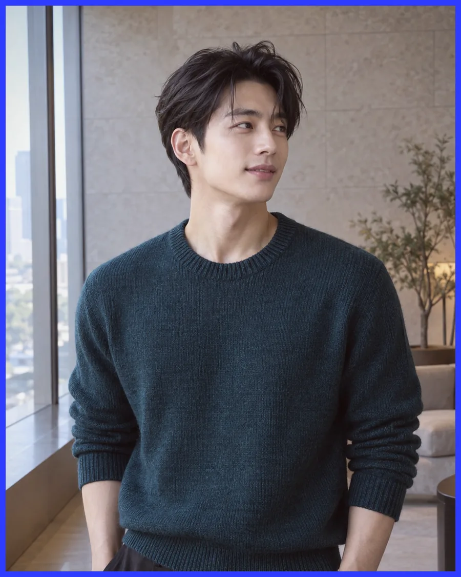 창밖으로 도시가 보이는 거실에서 청록색 니트 차림으로 서 있는 모습