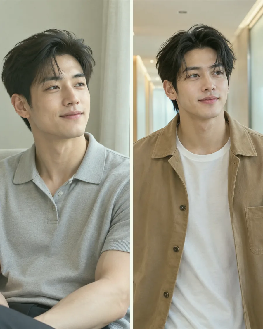창가 의자의 회색 폴로 차림과 밝은 복도의 카멜 셔츠 재킷 차림을 나란히 담은 사진