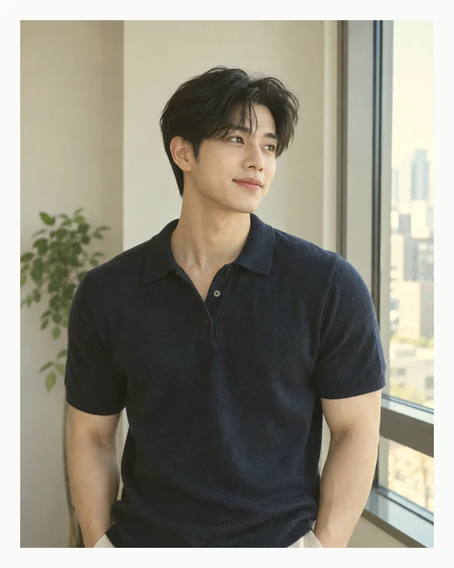 흰 여백 속 큰 창 앞에서 남색 니트 폴로를 입고 주머니에 손을 넣은 모습