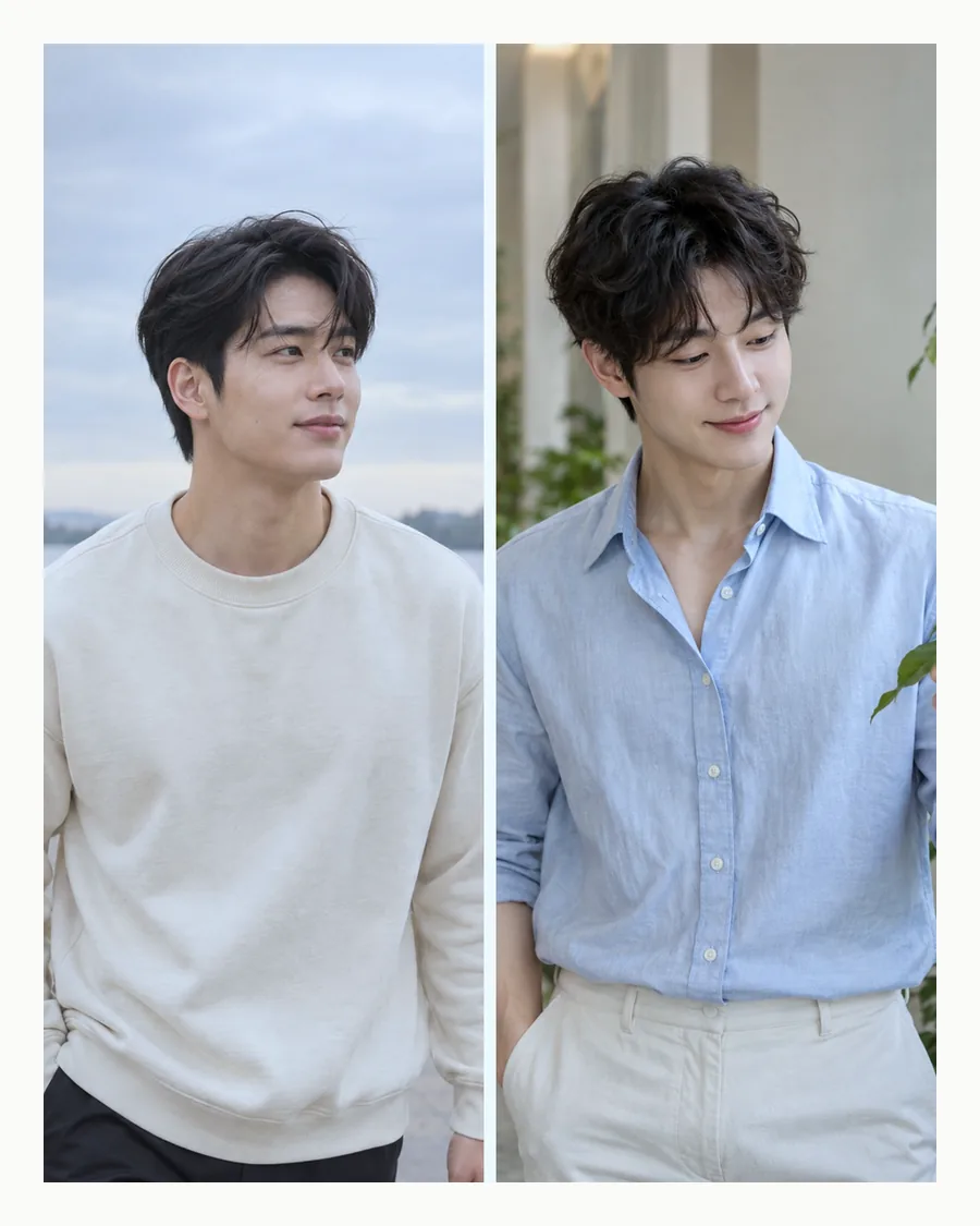 흰 테두리 속 강변길의 아이보리 맨투맨 차림과 잎을 만지는 하늘색 셔츠 차림을 나란히 담은 사진