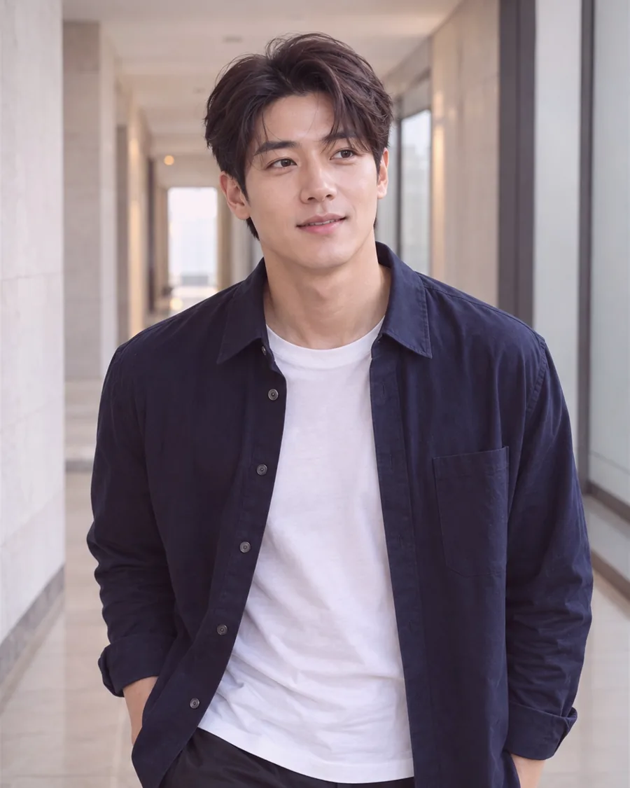 밝은 복도를 걸으며 남색 셔츠를 걸친 채 웃는 모습