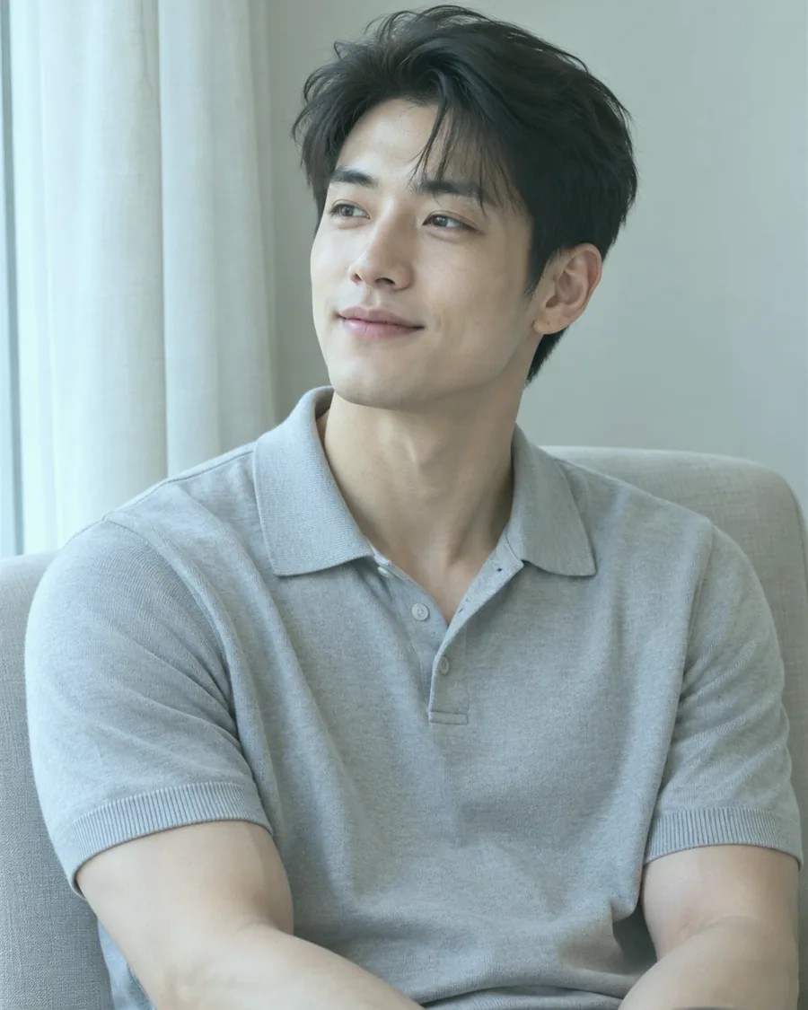 흰 커튼이 드리운 창가 의자에 회색 폴로 셔츠 차림으로 앉은 모습