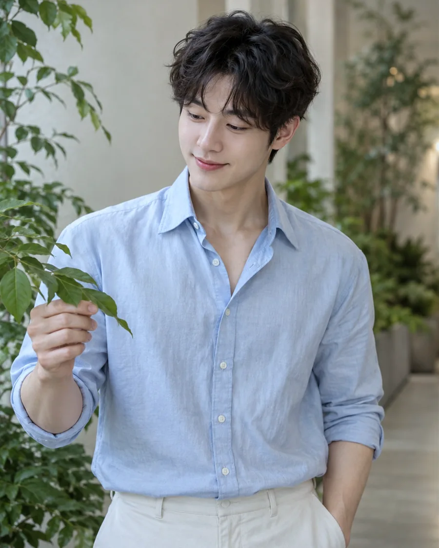 화분 잎을 손끝으로 만지며 연하늘 리넨 셔츠를 입은 모습