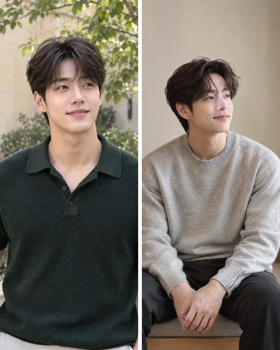 나무 아래 초록 니트 폴로 차림과 창가 의자의 회색 니트 차림을 나란히 담은 사진
