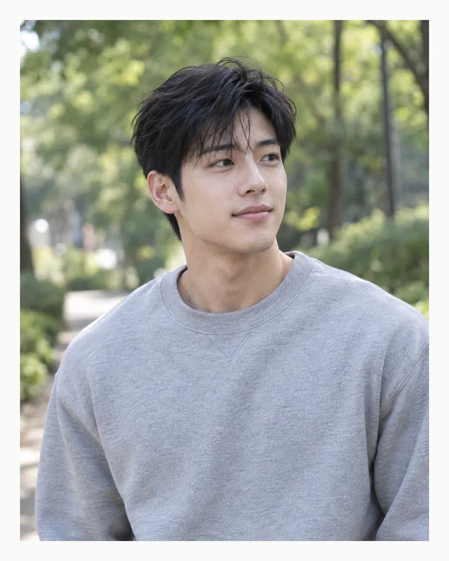 흰 테두리 안 나무 우거진 길에서 회색 맨투맨을 입은 모습