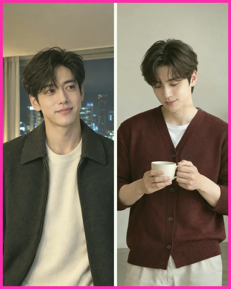 밤 도시가 보이는 창 앞 어두운 재킷 차림과 도자기 선반 앞 버건디 카디건 차림을 나란히 놓은 사진