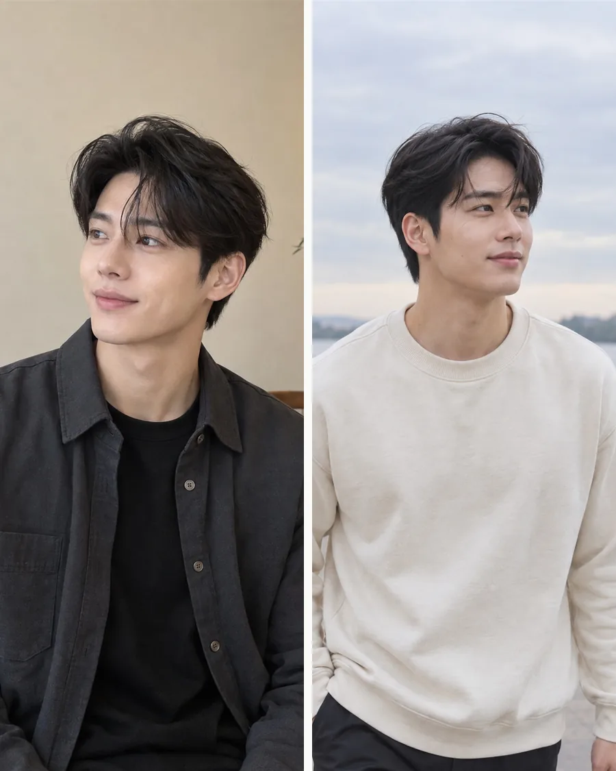 화분 옆에 앉은 짙은 회색 셔츠 재킷 차림과 강변의 아이보리 맨투맨 차림을 나란히 놓은 사진