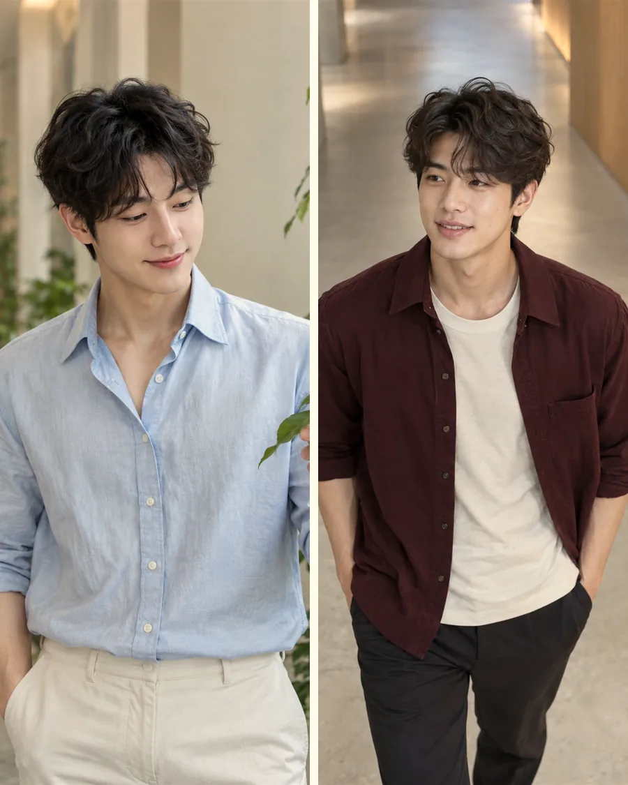 잎을 만지는 하늘색 셔츠 차림과 나무 복도를 걷는 버건디 셔츠 차림을 나란히 놓은 사진