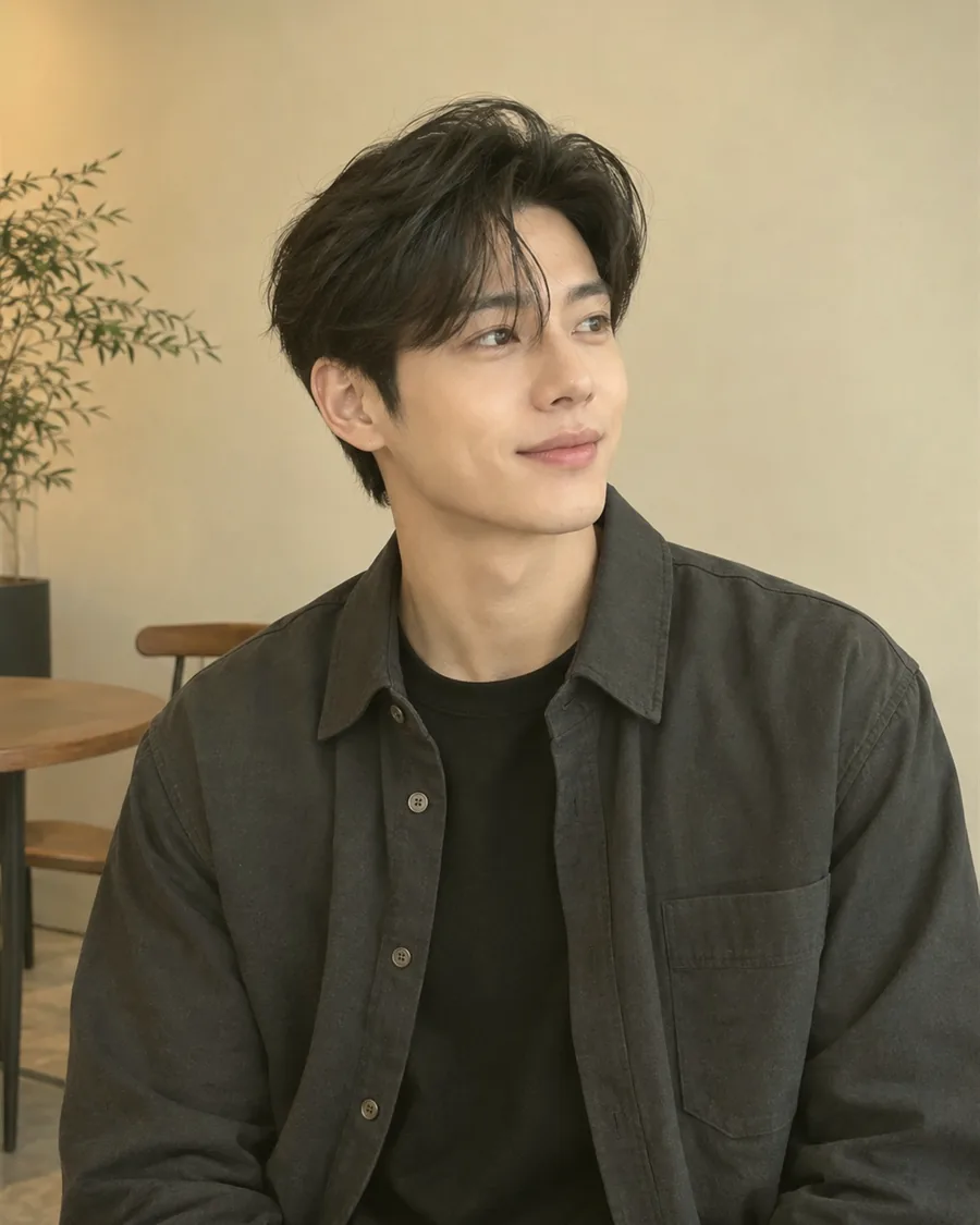 화분이 놓인 밝은 방에서 짙은 회색 셔츠 재킷 차림으로 앉아 미소 짓는 모습