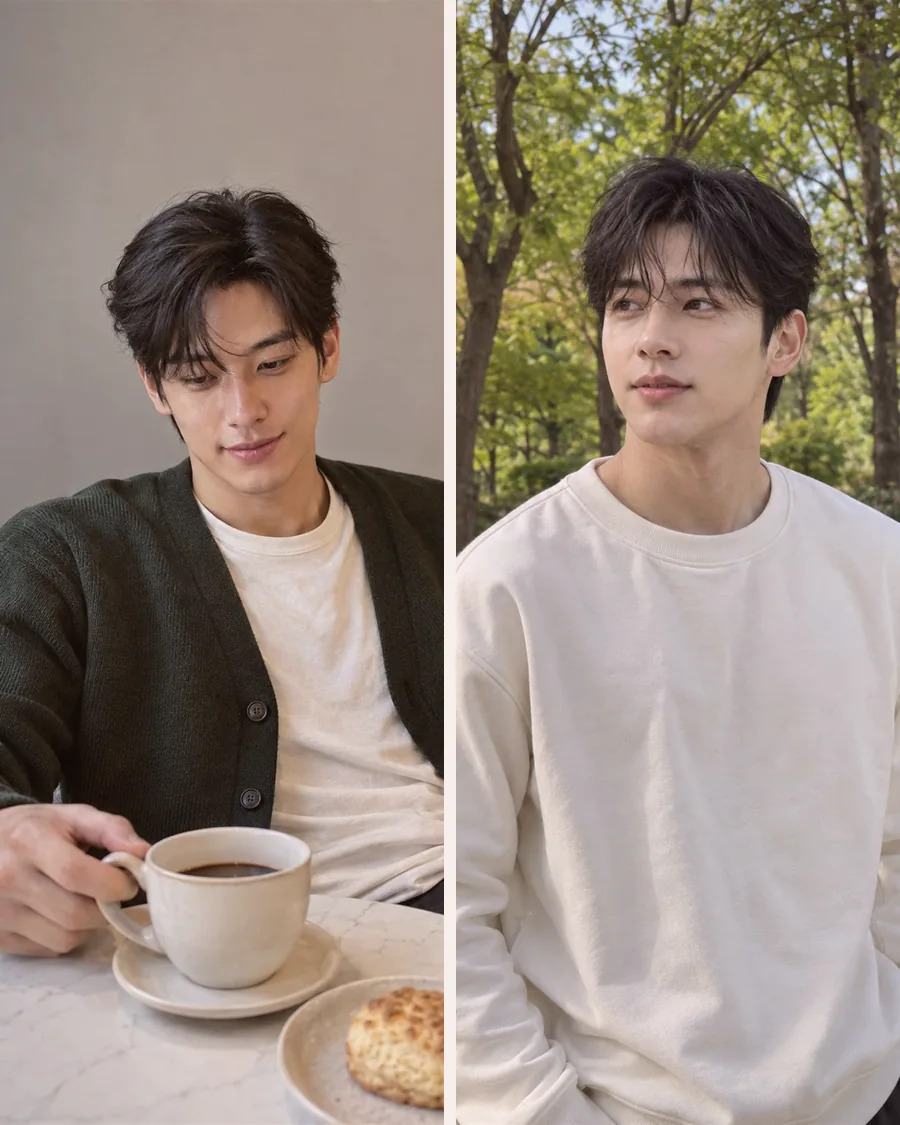 대리석 탁자에서 커피와 스콘을 앞에 둔 초록 카디건 차림과 숲속 흰 맨투맨 차림을 나란히 담은 사진