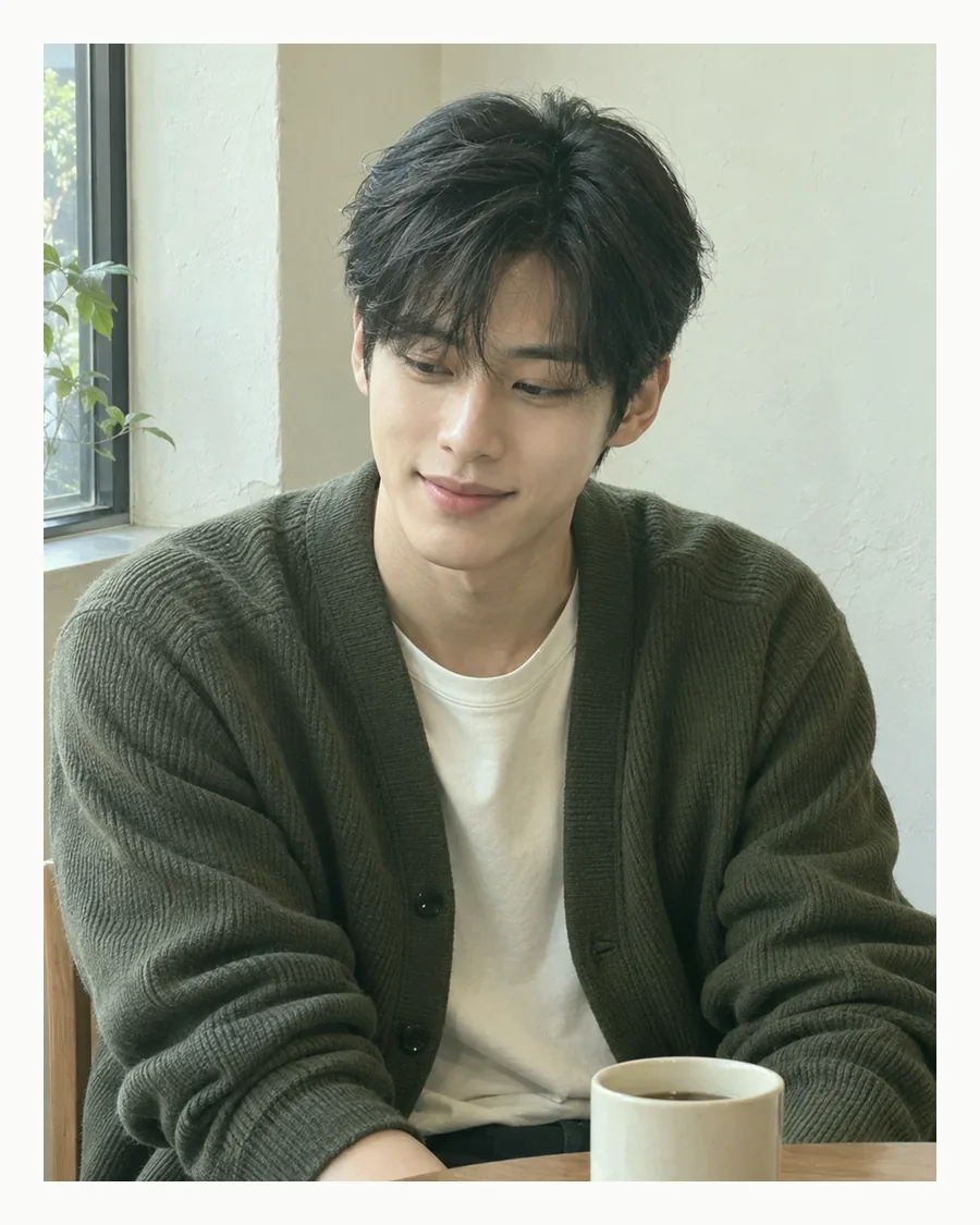 흰 테두리 안 창가 탁자에서 카키 카디건 차림으로 머그잔을 앞에 두고 앉은 모습