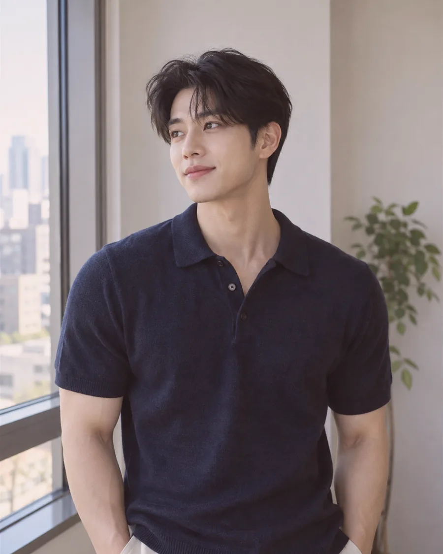 도시가 내려다보이는 큰 창 옆에서 남색 반팔 니트를 입고 선 모습