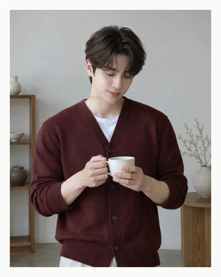 흰 여백 안에 도자기 선반 앞에서 버건디 카디건 차림으로 컵을 든 모습