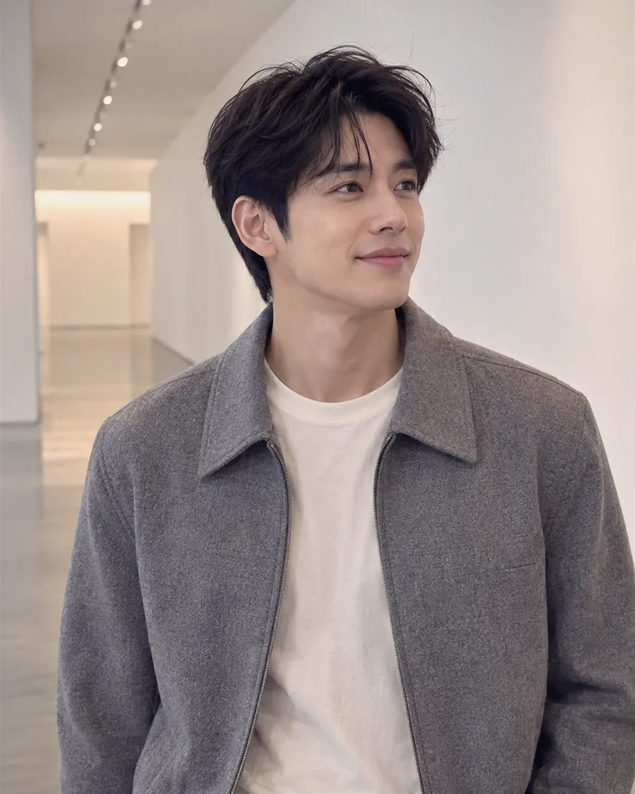 흰 복도에 서서 회색 재킷 주머니에 손을 넣은 모습