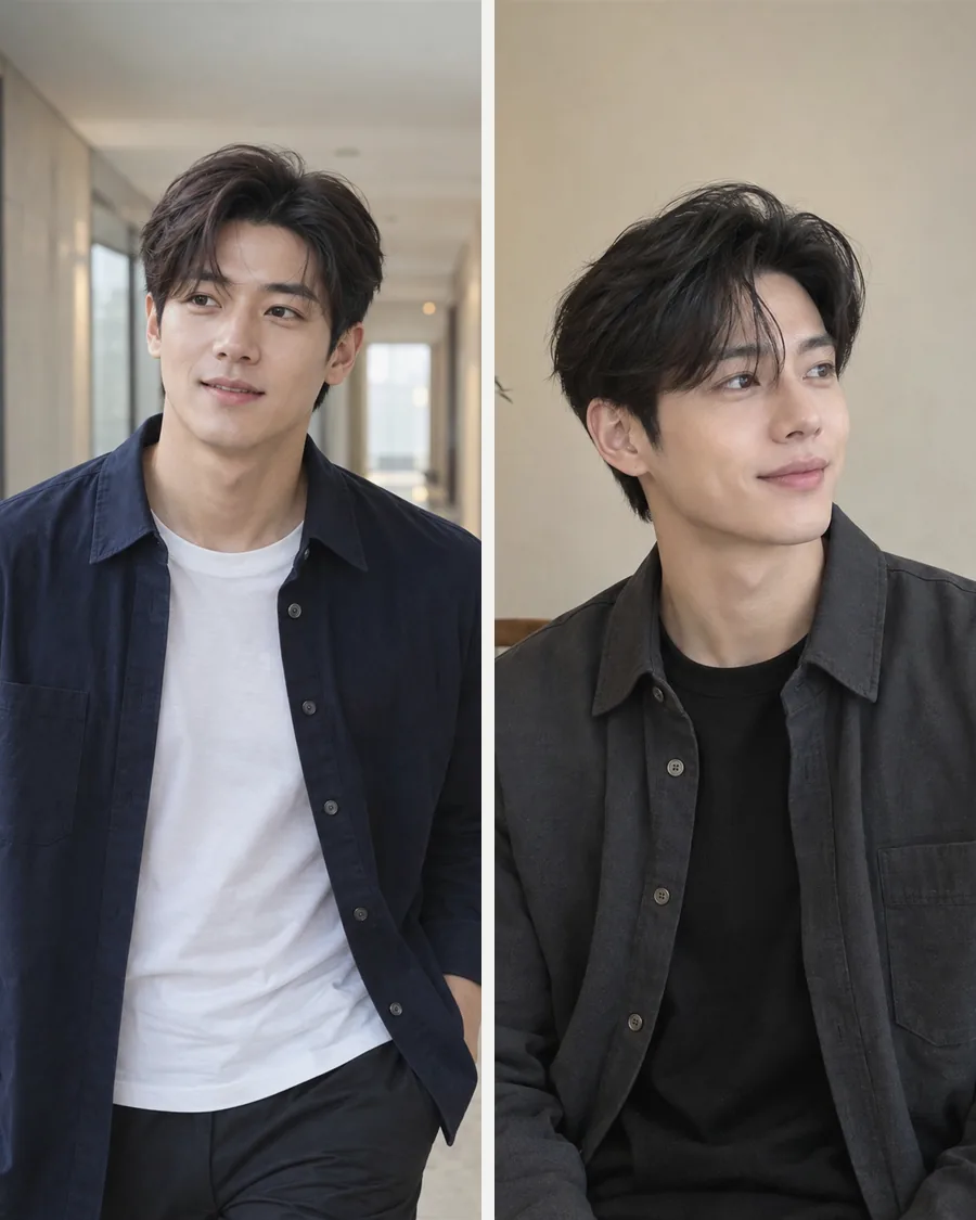 복도를 걷는 남색 셔츠 차림과 화분 옆에 앉은 짙은 회색 셔츠 재킷 차림을 나란히 담은 사진