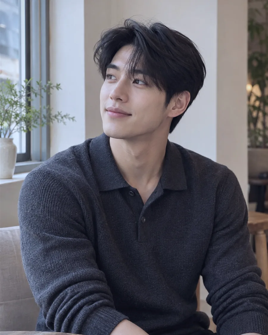 창가 둥근 나무 탁자 앞에 차콜 니트 폴로 차림으로 앉아 창밖을 보는 모습