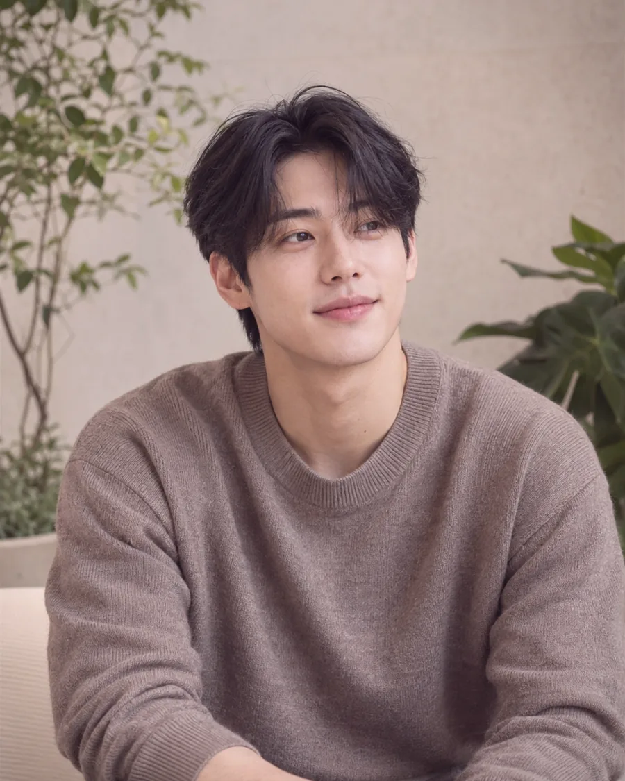 초록 화분 옆에 앉아 갈색 니트를 입고 웃는 모습
