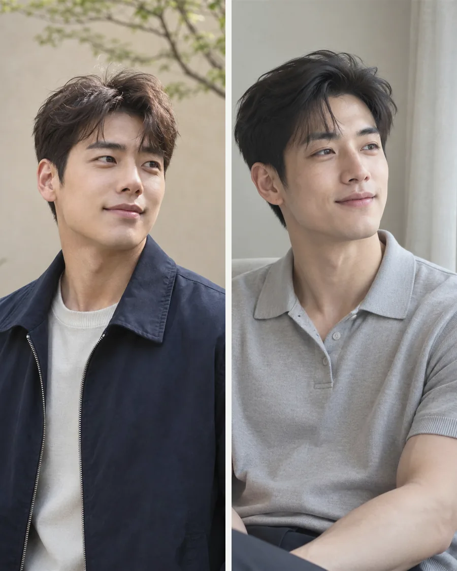 나무 안뜰의 남색 점퍼 차림과 창가 의자의 회색 폴로 차림을 나란히 놓은 사진