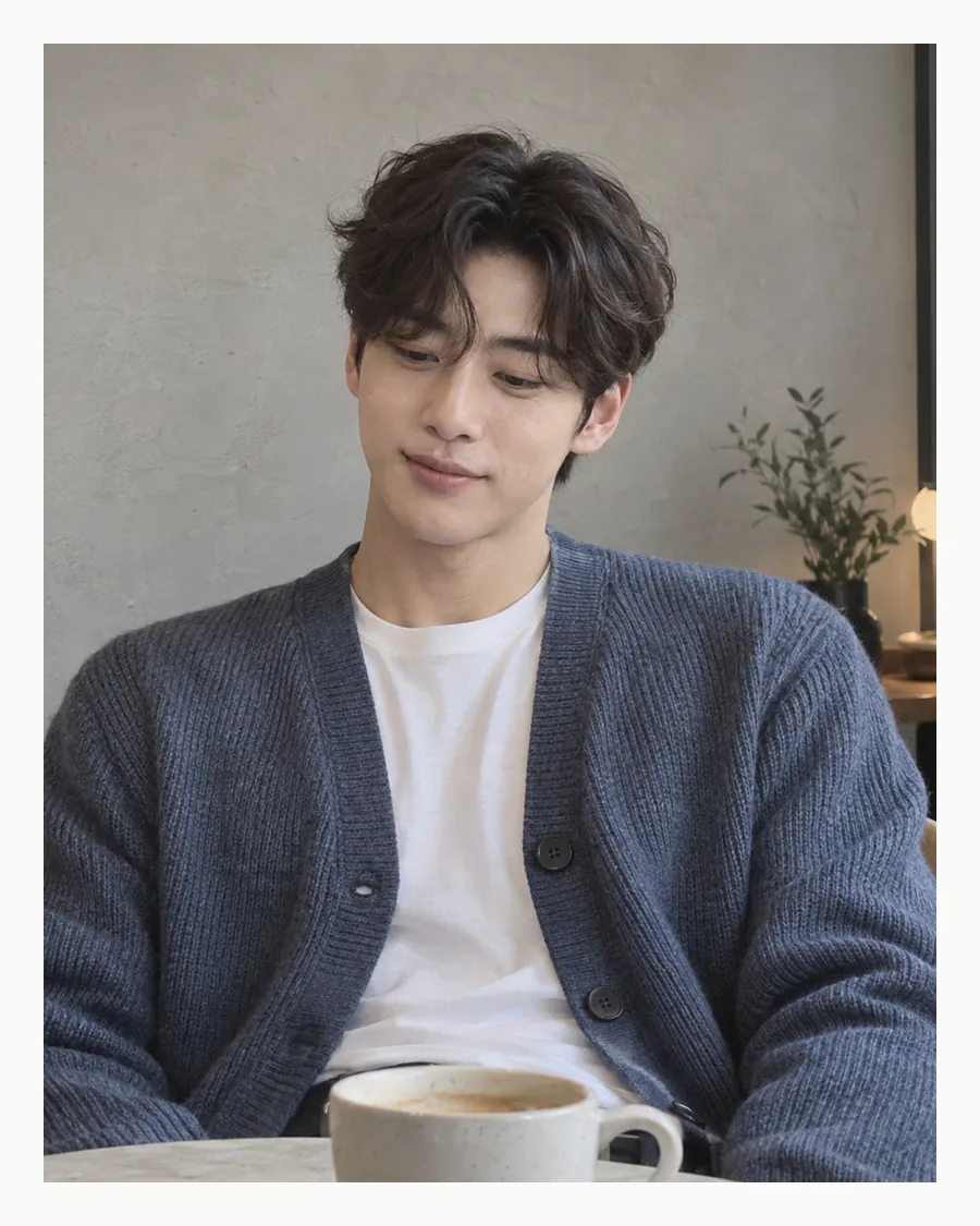 흰 테두리 안에서 파란 카디건 차림으로 커피잔을 앞에 두고 눈을 내리뜬 모습