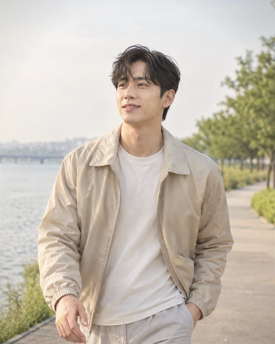 강변 도로를 베이지 점퍼를 입고 걸어가는 모습