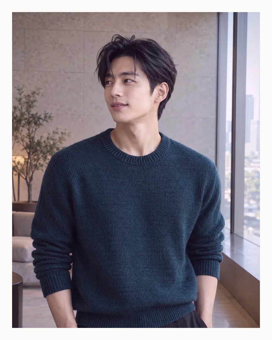 흰 여백 안 도시가 보이는 실내에서 청록 니트를 입고 선 모습