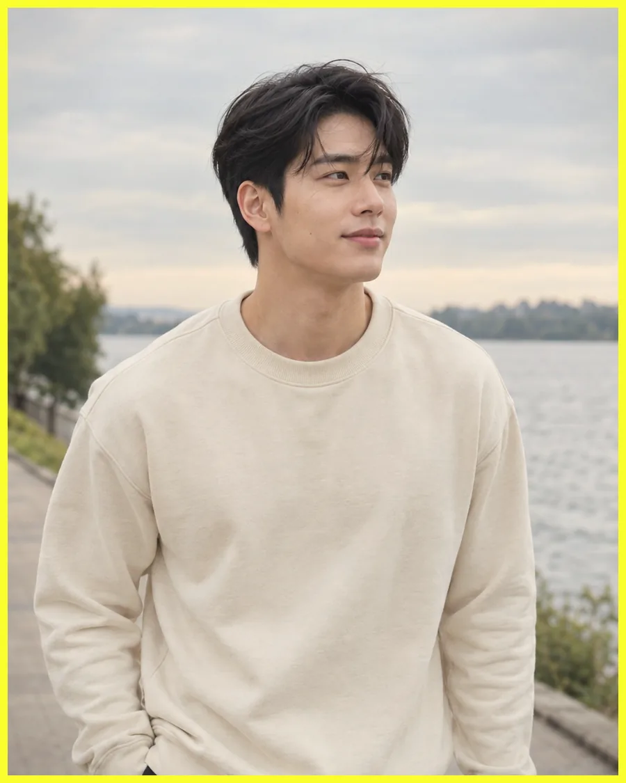 흐린 하늘 아래 강변길에서 아이보리 맨투맨 차림으로 먼 곳을 보는 모습