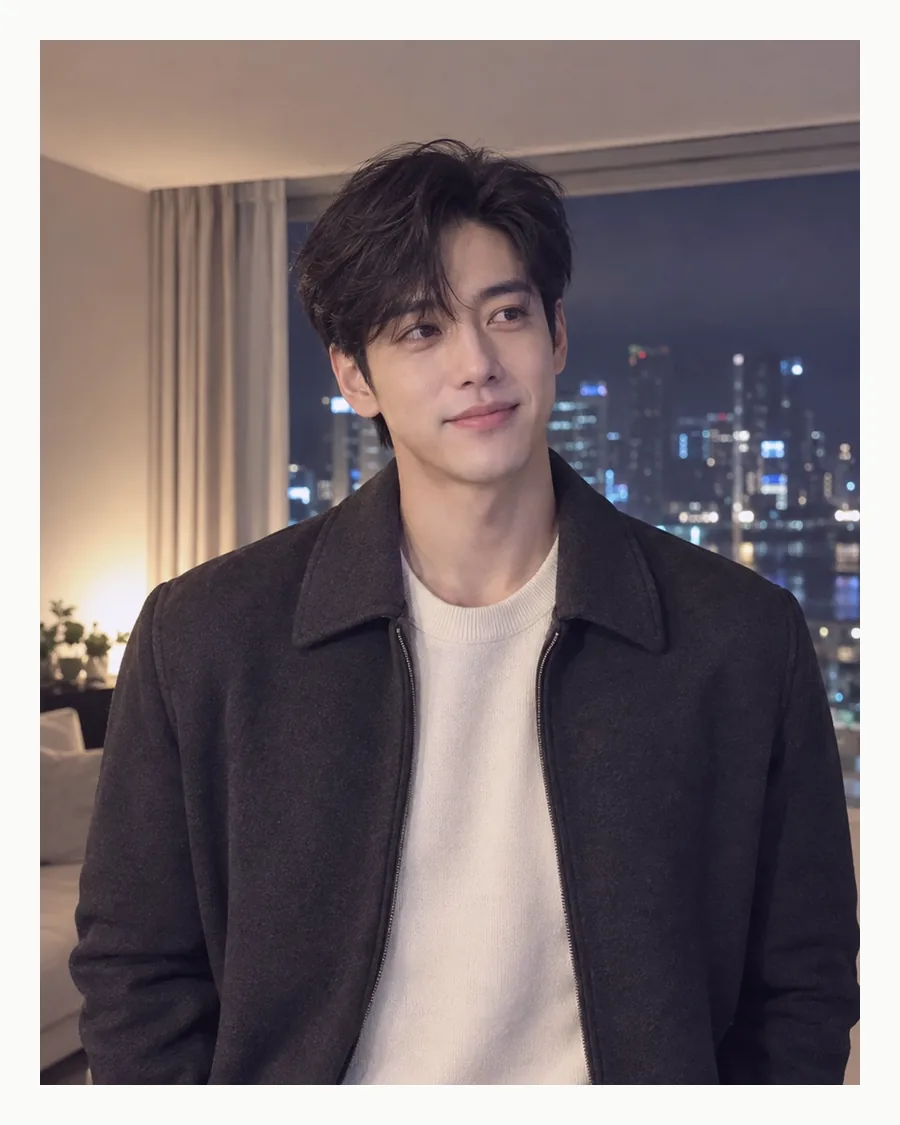 흰 테두리 안 밤 도시 불빛을 등지고 어두운 재킷 차림으로 선 모습