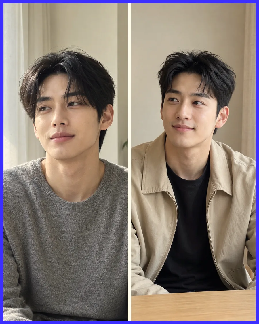 흰 커튼 옆 회색 니트 차림과 나무 탁자 앞 베이지 재킷 차림을 나란히 놓은 사진