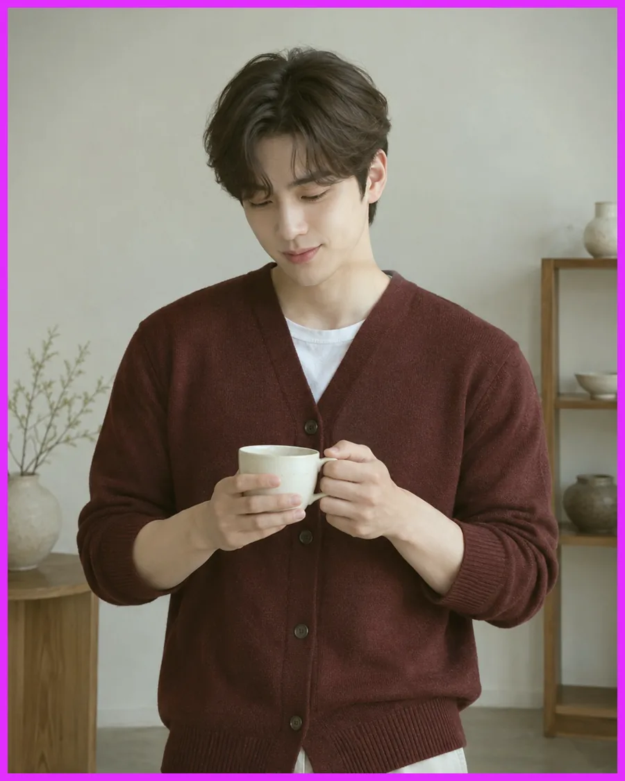 도자기가 놓인 선반 옆에서 버건디 카디건 차림으로 흰 컵을 두 손에 든 모습