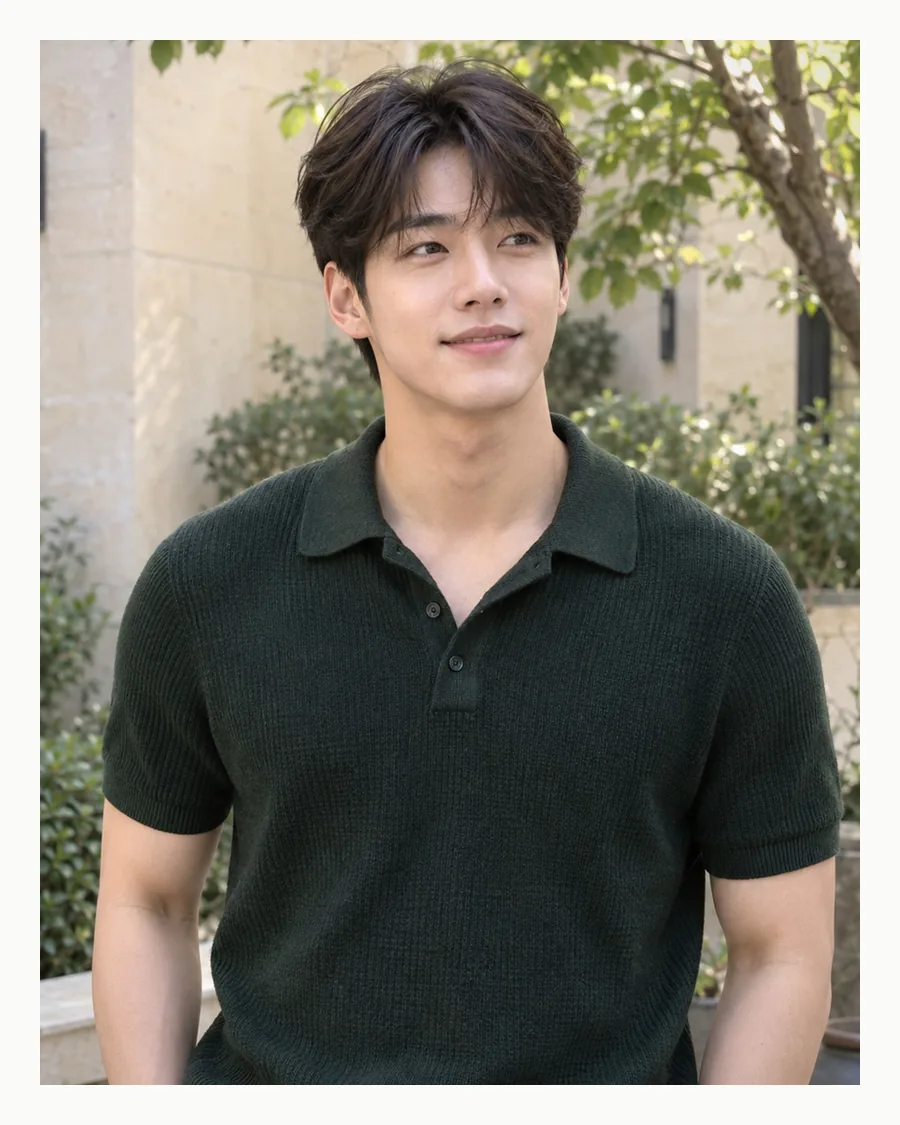 흰 테두리 안, 나무 그늘 아래서 짙은 초록 니트 폴로를 입고 웃는 모습